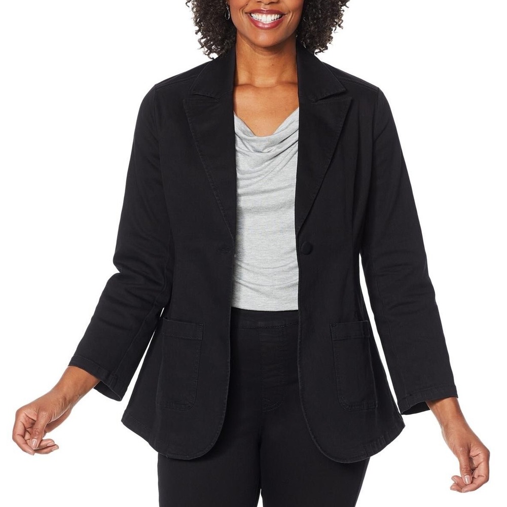 DG2 Diane Gilman Black Denim Button Front Blazer‎ Jacket Womens PM Stretch NWOT